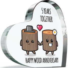 5th Anniversary Plaque Gifts for Wife Husband - Happy Wood Anniversary - I Love You Romantic Acrylic Heart Gift For Women Men, 100mm x 100mm Present For Couples Fifth Wedding Anniversaries