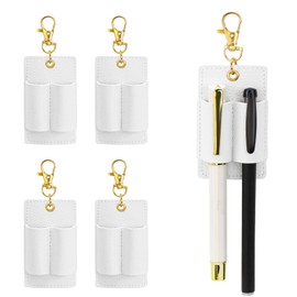 LELE LIFE 4 Pack Double Pen Holder for Lanyard, Anti-Lost Pen Clip for Retractable Badge Reel & Neck Lanyard, Pocket PU Leather Keychain for Nurse Clerk, White