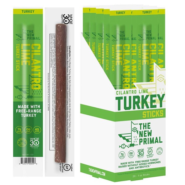 THE NEW PRIMAL Cilantro Lime Turkey Meat Sticks, Keto, Paleo, Whole30 Approved, Low Carb, High Protein, Sugar-Free, Gluten-Free, (20 Pack, 1 oz Sticks)