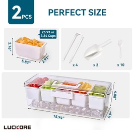 2 Pack Chilled Condiment Tray Server with 5 Removable Compartments Containers & Hidden Handle Design, Ice Chilled Condiment Organizer, Clear Garnish Serving Tray Platter for Camping, Fruit, Salad