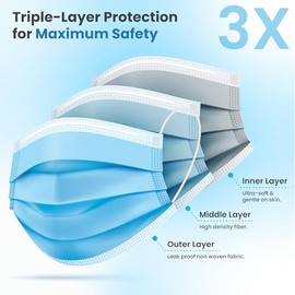 PURE GEM Paquete de 150 cubrebocas desechables azules de un solo uso, suave para la piel, cubrebocas de 3 capas con cintas elásticas para las orejas, 