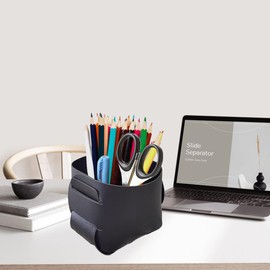 Fosinz Pen Pencil Holder Cup Container PU Leather Desk Organizer Stand Decor Brush Scissor Holder Decoration Office Desk Home School (Classic Black)