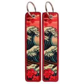 Pinstant Hokusai Waves Great Wave Off Kanagawa Japan Art Mount Fuji Rising Red Sun Sakura Pink Cherry Plum Flower Tree Blossom Japanese Keychain Key Tag Chain Fob Ring, Mixed, 5.1 x 1.2 inches
