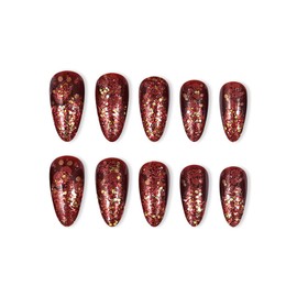 MISUD Almond Press on Nails Medium Fake Nails Glossy Glue on Nails Bling Glitter Acrylic Nail Supplies Stiletto Artificial Nail Art Sparkly Red Stick on False Nails with Design DIY 24 pcs
