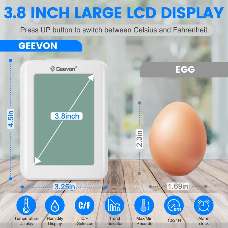 Geevon Digital Hygrometer Indoor Outdoor Thermometer Wireless with Clock, Backlight