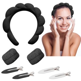 Set of 1 Women's Headband, 2 Face Wash Wrists, 4 Hair Pins, Hair Band, Cosmetic Headband, Reusable Hair Bands Make Up Made of Sponge, Hair Bands for Makeup, Skin Care, Sports (Black)