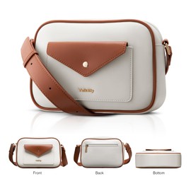 Vulkitty Small Crossbody Bag for Women Trendy Vegan Leather Handbag & Shoulder Phone Bag with Wide Strap, White and Brown