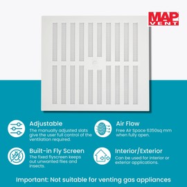 Map Adjustable Air Vent with Flyscreen Cover, for Openings 9" x 9" (229mm x 229mm), Hit & Miss Triple Brick Ventilation Cover, White