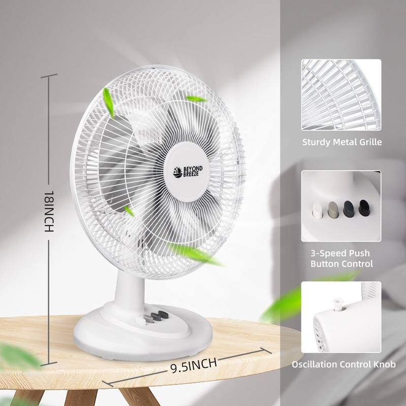 BEYOND BREEZE Oscillating Table Fan Quiet 3-Speed 12-Inch Adjustable Tilt
