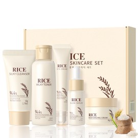 5PCS Rice Skin Care Set for Women & Teen Girls – Facial Kit for Women with Cleanser, Toner, Serum, Eye Cream & Face Cream – Travel Size Skincare Set Soothing & Moisture-Locking Daily Skincare Gift Set