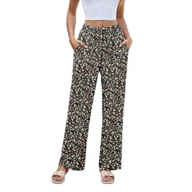 NILOUFO Women Summer Casual High Waist Wide Leg Pants Fashion Lightweight Flowy Boho Beach Trousers with Pockets(Broken Flower Black, X-Large)