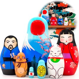 AEVVV Nesting Dolls Set of 7 pcs - Matryoshka with Japanese Decorations - Cherry Blossom Decor Lucky Cat Figurines Geisha Doll Samurai Japanese Decor