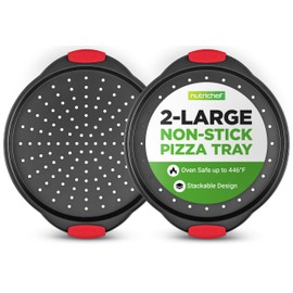 NutriChef 2-Piece 13-Inch Nonstick Pizza Tray, Round Carbon Steel Non-Stick Pizza Pan with Perforated Holes, Premium Bakeware Pizza Screen with Silicone Grip Handles, Dishwasher Safe, NCBPIZX2