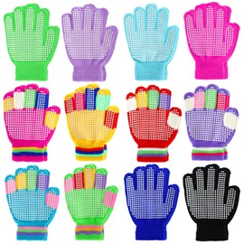 Whaline 12 Pairs Kids Anti-Skid Magic Gloves Multicolor Winter Children Anti-Slip Warm Full Fingers Knitted Gloves for Boy Girl Aged 6-12 Outdoor Sports