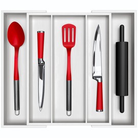 ROYAL CRAFT WOOD Luxury Bamboo Kitchen Drawer Organizer - Silverware Organizer - Utensil Holder and Cutlery Tray with Grooved Drawer Dividers for Flatware and Kitchen Utensils, 5 Slot, White