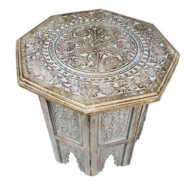 The Urban Port Farmhouse Wooden Side Table with Engraved Design and Octagonal Top