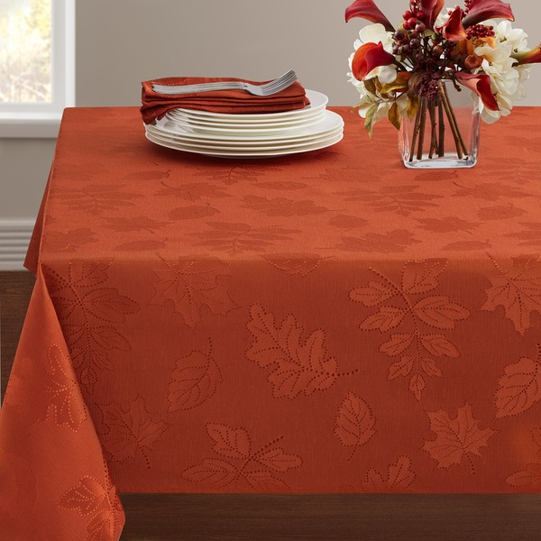 Benson Mills Harvest Legacy Damask Fabric Table Cloth Fall, Harvest, and Thanksgiving Tablecloth (Rust, 60" x 120" Rectangular)