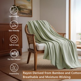 Queen Size Blanket, 70% Rayon (Derived from Bamboo) and 30% Cotton, Lightweight Jacquard Weave, Breathable and Soft Summer Blanket for Bed or Couch, 90” x 90”, Sage Green