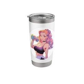 Pink Hair Anime & Manga Style Gym Girl Holding a Dumbbell Up Stainless Steel Insulated Tumbler