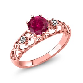 Gem Stone King 1.12 Ct Round Red Created Ruby White Diamond 18K Rose Gold Plated Silver Ring (Size 9)
