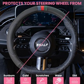 ESALFAUTO Microfiber Leather Car Steering Wheel Cover - Car Interior Accessories-Universal 14.5-15.5 Inch D-Shape Breathable Steering Wheel Protector with Non-Slip Massage Particles, Black