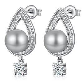Jiahanzb 925 Sterling Silver Pearl Dangle Earrings for Women Cubic Zirconia Diamond Water Drop Pearl Earrings Pearl Jewellery for Ladies, White/Light Grey/Dark Grey Pearl 8 mm, Sterling Silver, Cubic
