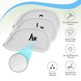 All Teed Up Premium Magnetic Leather Iron and Wedge Golf Club Head Covers | Set of 10 | Fits Most Clubs | Embroidered Club Label on Both Sides of Club Head Cover (White 4-LW (10 pcs))
