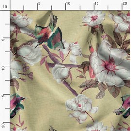 Soimoi Beige Cotton Poplin Fabric Floral & Bird Printed Fabric 1 Yard 58 Inch Wide