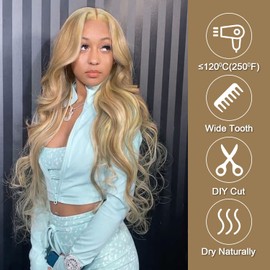 SAPPHIREWIGS Blonde Lace Front Wig Long Wavy Wigs for Women Highlight Ash Blonde Wigs 13×3 Free Part Heat Resistant Fiber Party Cosplay Daily Use Hair 26inch