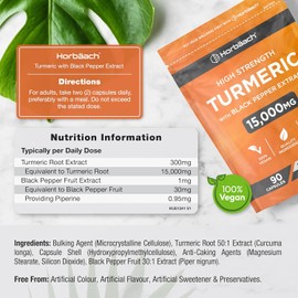  Turmeric & Black Pepper Capsules 15,000mg | 95% Curcuminoids, High Strength | 90 Vegan Capsules | Turmeric Root Extract Supplement | by Horbaach
