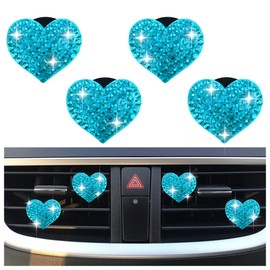 4PCS Heart-Shaped Car Vent Clips with Rhinestone,Bling Air Vent Clips Car Decorations,Premium Shiny Car Clips for Vents Accessories Interior (Lake Blue)