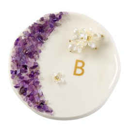 Maxsirui Ceramic Initials Ring Dish with Brazilian Amethyst Inlaid, Cute Room Decor Aesthetic, Decorative Jewelry Tray Trinket Dish, Engagement Wedding Birthday Christmas Gifts for Women(B)