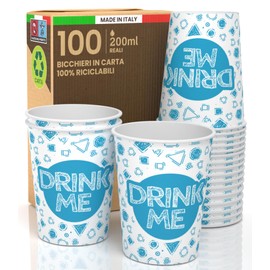 Baciato Caffè 100 Paper Cups 200 ml Biodegradable Eco Friendly Made in Italy Hot Drinks Colourful Drink Me Design - Made and Packed in Italy