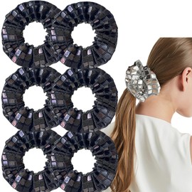 Mirror Disco Ball Sequin Hair Scrunchies with Hidden Zipper Pocket - Disco Party Favors Decor Metallic Silver Hair Accessories for Retro 70s 80s 90s Bachelorette Bridal Shower (6Pcs Black)