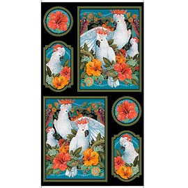 Tropical Fabric - Cockatoo Collection - Cockatoo & Hibiscus - 29077-J - Black - by The Panel