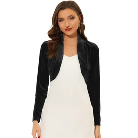 Allegra K Women's Long Sleeve Cardigan Velvet Open Front Cropped Bolero Shrug Black 12