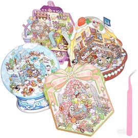 4 Sets DIY 3D House Stickers, BetterJonny 3D Scene Stickers Miniature Simulated Cabin Scene Stickers, Cute Cartoon Scenery Stickers, Fun Restaurant Cosy Cottage Scenery Stickers for Girls