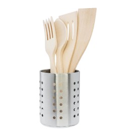 PoPproduct -Beech wood kitchen utensils + stainless steel utensil holder 5 piece set: two spatulas+spoon+fork+stand.Stylish reusable packaging.