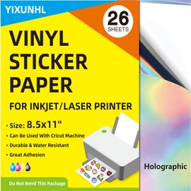 YIXUNHL Vinyl Sticker Paper for Inkjet and Laser Printers, Self-Adhesive Labels,Waterproof, 8.5 x 11 inches- 26 Sheets Glossy, Dries Quickly, Tear Resistant, Great for Cutting Machines (Holographic)