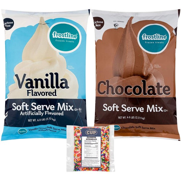 Frostline Lactose Free Soft Serve Mix Variety, Chocolate and Vanilla, 6 lb Bags with By The Cup Rainbow Sprinkles