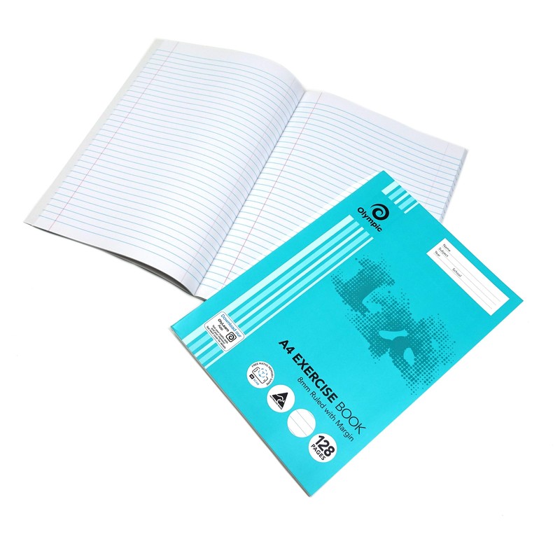 Olympic, A4 Exercise Book, 128 pages, 8mm Ruled with Red