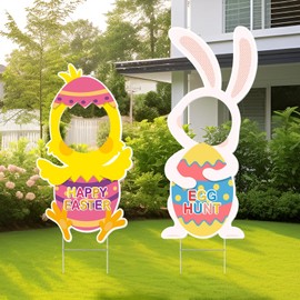 KOYILTD 2 Pcs Easter Face Yard Decorations Easter Standable Yard Signs with Stakes Easter Bunny and Chick Lawn Decorations Funny Easter Photo Props for Garden Yard Lawn (Lovely)