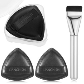 4PCS Makeup Brush Set, 1 Flat Foundation Brush, 2PCS Triangle Powder Puff, 1 Makeup Sponge Box. Suitable for foundation, Powder, Blush, and Concealer