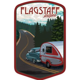 Die Cut Sticker Flagstaff, Arizona, Retro Camper on Road, Contour Vinyl Sticker 1 to 3 inches (Waterproof Decal for Cars, Water Bottles, Laptops, Coolers), Small