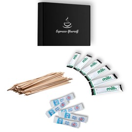 150 Piece Hot Drink Kit – 50 Milk Sachets, 50 Sugar Sachets & 50 Wooden Coffee Stirrers – Individually Wrapped for Tea, Coffee, Office, Travel, Catering, Hospitality