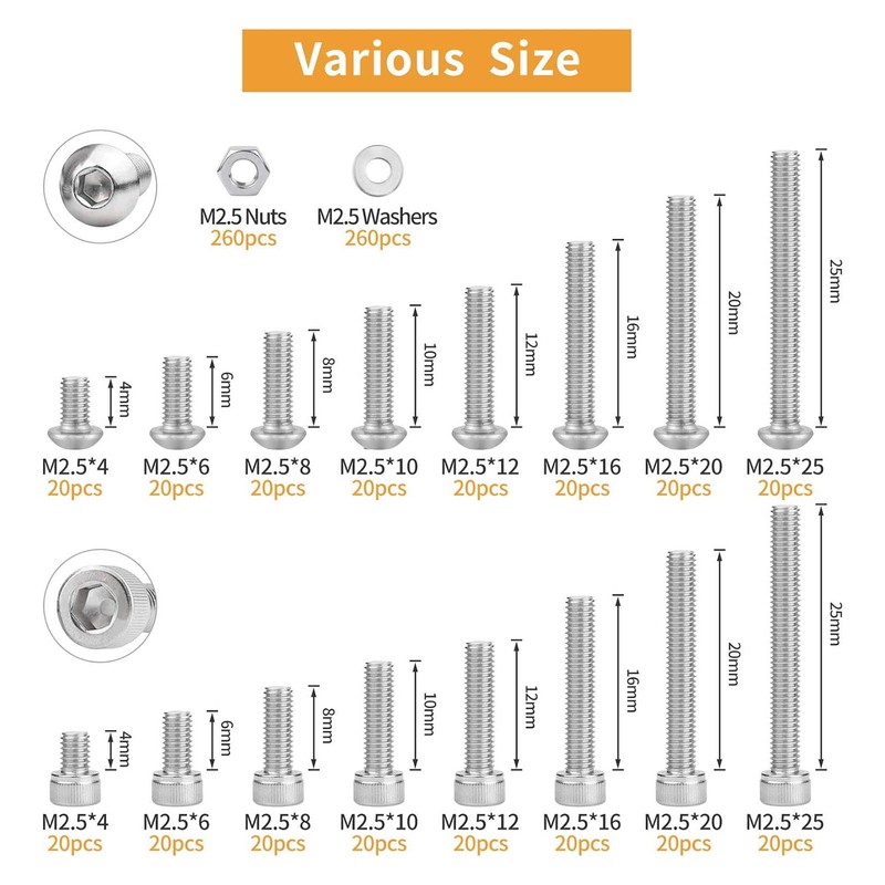 840Pcs Bolts Nuts Assortment Kit Metric M2.5 Assorted Cap Hex