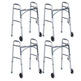Dynarex Junior Two-Button Folding Walker with Wheels has Tool-Free Adjustable Height up to 32.5” & 350 Pound Weight Capacity, Silver, 4 Walkers