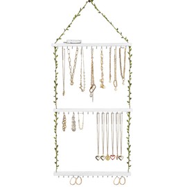 NIUBEST Hanging Jewelry Necklace Organizer,Large Capacity Wall Mounted Jewelry Rack with 45 Hooks,Necklace Holder for Earrings,Necklaces,Bracelets（Weathered White）