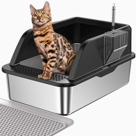 PEDIBAT XL Stainless Steel Litter Box, Extra Large Metal Cat Litter Box with High Sided for Big Cats, Enclosed Litter Boxed with Lid, Easy-Clean Cat Litter Mat & Scoop Kit, Anti-Urine Leakage (Black)