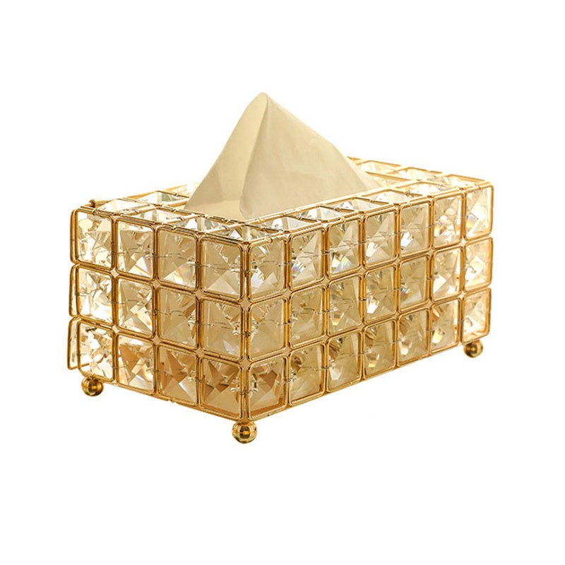 European Style Rectangular Metal Crystal Tissue Box Desktop Decorative Ornaments